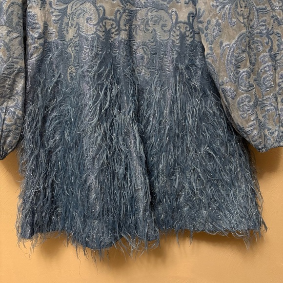 Ganni Feather-trim Brocade Mini Dress Mid Blue Size 34 XS - Picture 13 of 16